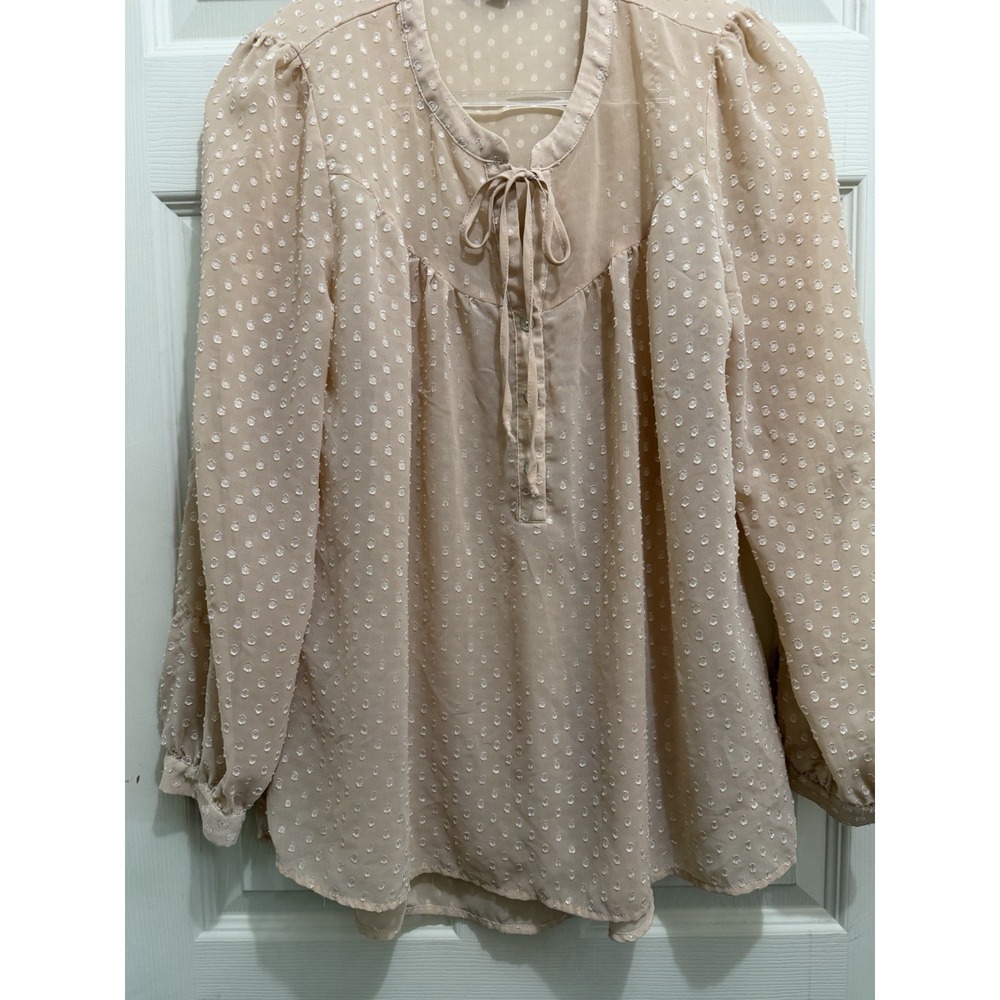 DR2 Womens Flowy Blouse Small Blush Pink Polka Dot V Neck Cottagecore Sheer